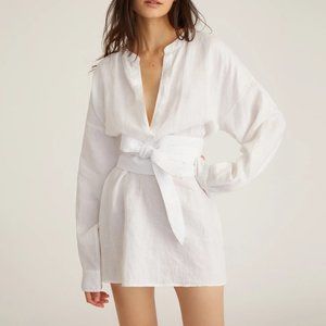 NEW Marissa Webb Pax Linen Henley Tunic Dress Obi Belt Mini Dress Linen White XS